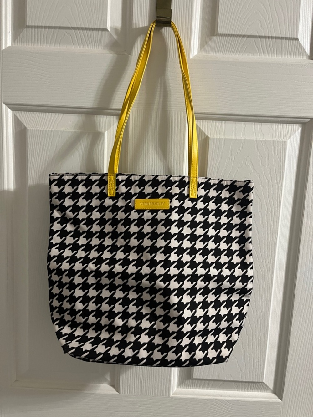 Vera Bradley Black & White Houndstooth Tote with Yellow Straps